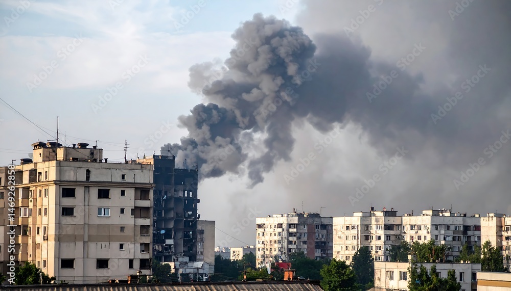 Obraz premium City Building Fire with Thick Black Smoke and Cloudy Sky