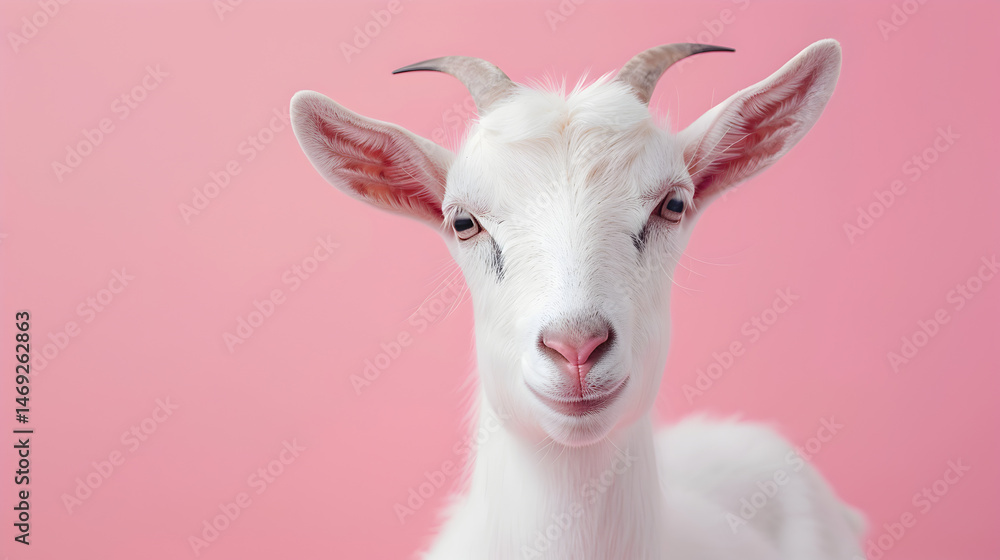 Obraz premium Close-up portrait of a white goat on a pink background with copy space