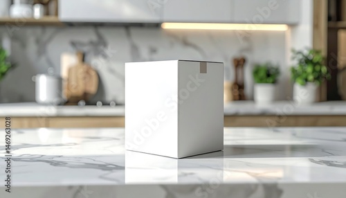 White Cardboard Box on Marble Kitchen Counter