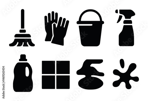 Cleaning silhouette icons set – housework, chores, sanitation symbols