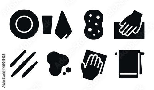 Cleaning and hygiene solid icons set – filled, household, sanitation symbols