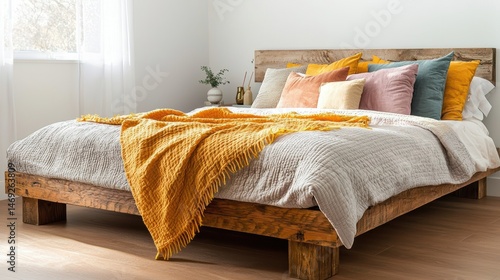 A warm and inviting bedroom with a rustic wooden bed frame, soft blankets, and colorful throw pillows creating a relaxed, homey feel.