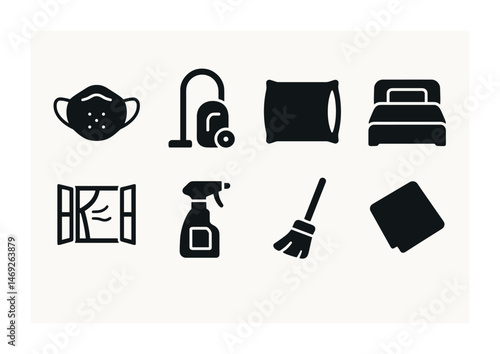 Home cleaning solid icons set – essential, filled, housekeeping and hygiene symbols