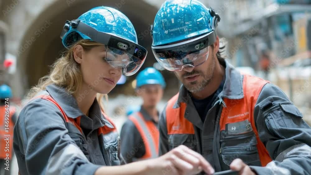 Engineering Collaboration: Two professionals, dressed in hard hats and augmented reality gear, meticulously study a detailed project plan, amidst a bustling construction site. Engineering Collaboration: Two professionals, dressed in hard hats and augmented reality gear, meticulously study a detailed project plan, amidst a bustling construction site.