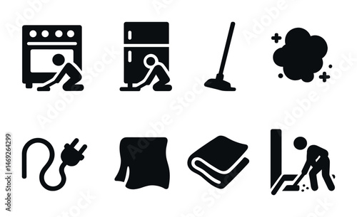 Cleaning chores solid icons set – filled, housekeeping and maintenance symbols