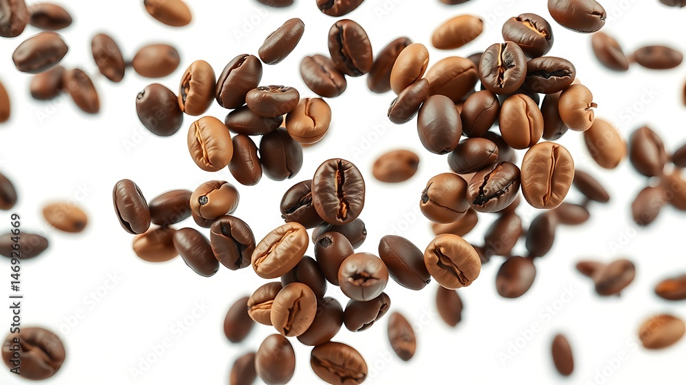 Naklejka premium Roasted coffee beans in dynamic motion against a clean white background isolated