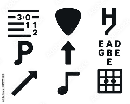 Guitar and music outline icons set – linear, solid, notes and chord symbols