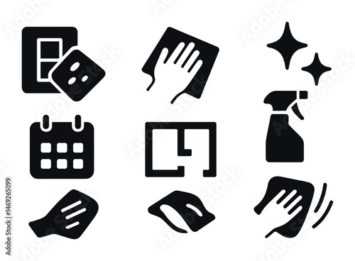 Cleaning and maintenance icons set – solid, silhouette, hygiene and care symbols