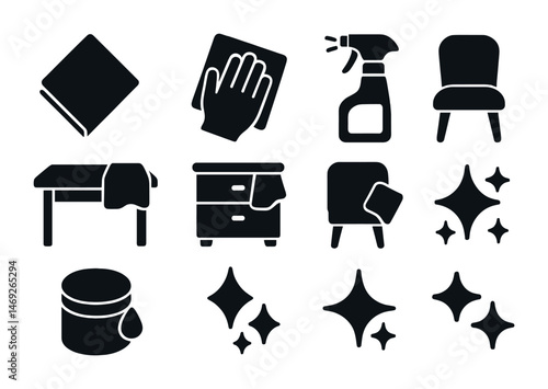 Cleaning tools solid icons set – hygiene, housekeeping, sanitation symbols