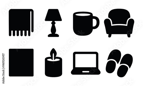 Home and comfort solid icons set – filled, furniture, cozy lifestyle symbols