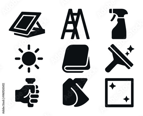 Cleaning tools silhouette icons set – flat, solid, housekeeping symbols