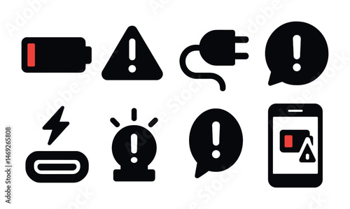 Alert and warning solid icons set – filled, danger, notification symbols