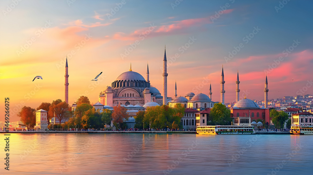 Obraz premium Istanbul Ayasofya Mosque Sunset Panorama