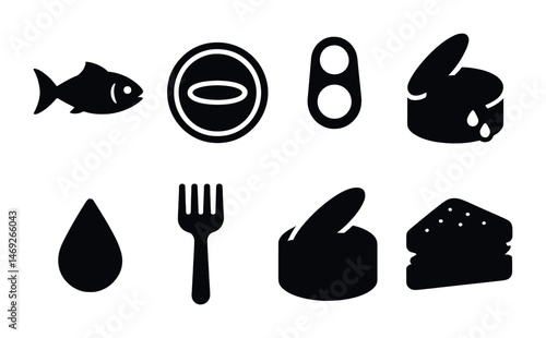 Canned food solid icons set – silhouette, filled, grocery and culinary symbols