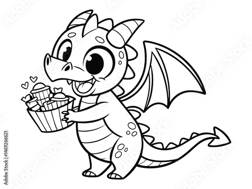 Cute cartoon dragon. Black and white vector illustration for coloring book.  Perfect for print, coloring book, and greeting card.