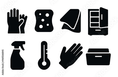 Cleaning and housekeeping solid icons set – silhouette, cleaning tools and household symbols