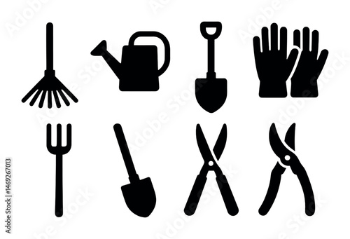 Gardening tools solid icons set – filled, silhouette, landscaping equipment symbols