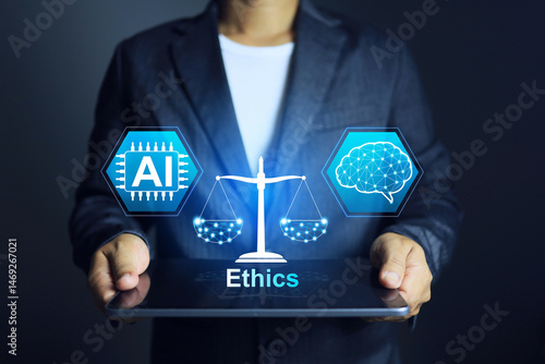 Quadro su tela AI and ethics concept with businessman holding tablet to use AI help create or g