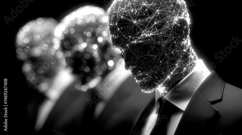 Network of enemy agents engaged in covert communication through glowing digital connections in a dark, intense atmosphere