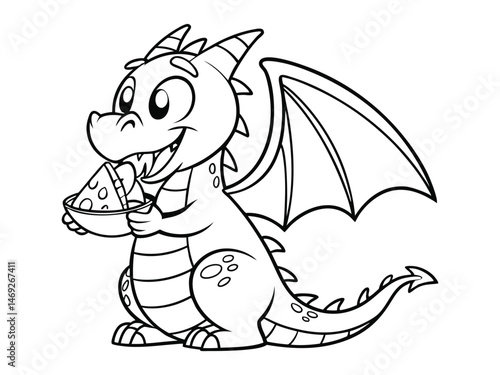 Cute cartoon dragon. Black and white vector illustration for coloring book.  Perfect for print, coloring book, and greeting card.