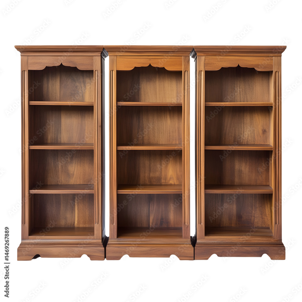 Classic, three-section wooden bookcase with several empty shelves. The dark wood creates a sophisticated and timeless look. Classic, three-section wooden bookcase with several empty shelves. The dark wood creates a sophisticated and timeless look.