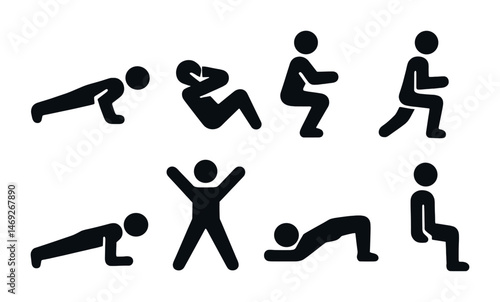 Fitness and exercise solid icons set — filled, silhouette, workout and gym symbols