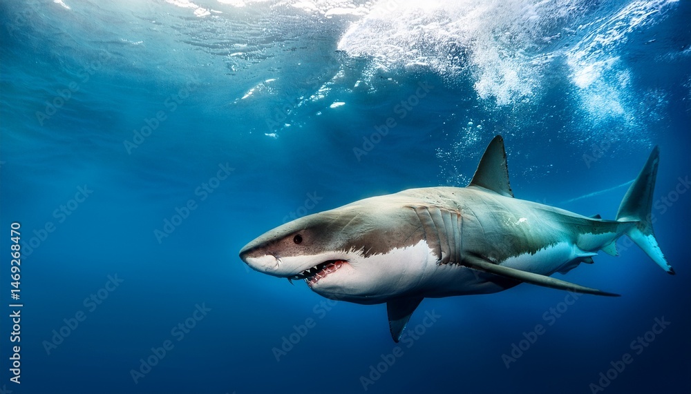 Fototapeta premium great white shark underwater closeup jaws open ocean depth blue water background space for text