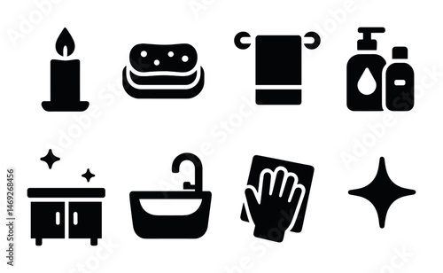 Home cleaning solid icons set – flat, filled, housekeeping and sanitation symbols