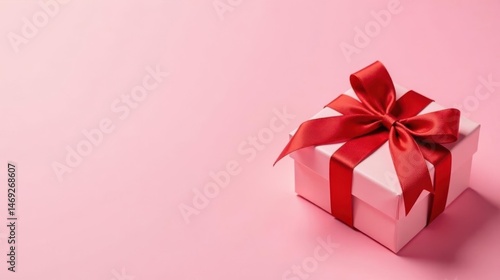 A Pink Gift Box with a Crimson Ribbon Bow on a Pale Pink Background