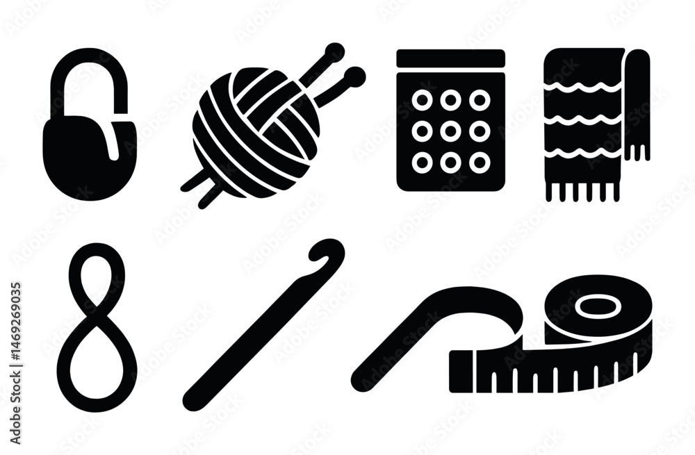 Knitting and crochet solid icons set – pattern, yarn, crafting essentials Knitting and crochet solid icons set – pattern, yarn, crafting essentials
