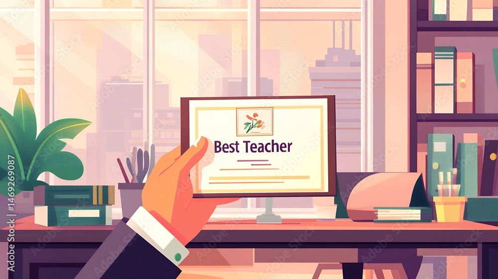 Fototapeta premium A hand holding a best teacher award certificate in an office with a bookshelf and city view