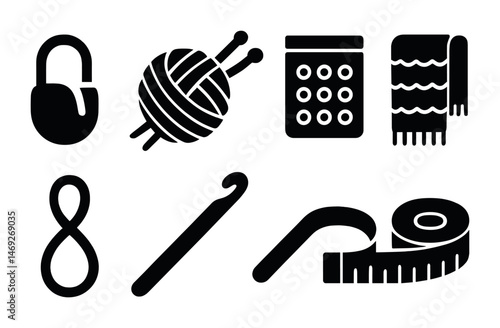 Knitting and crochet solid icons set – pattern, yarn, crafting essentials