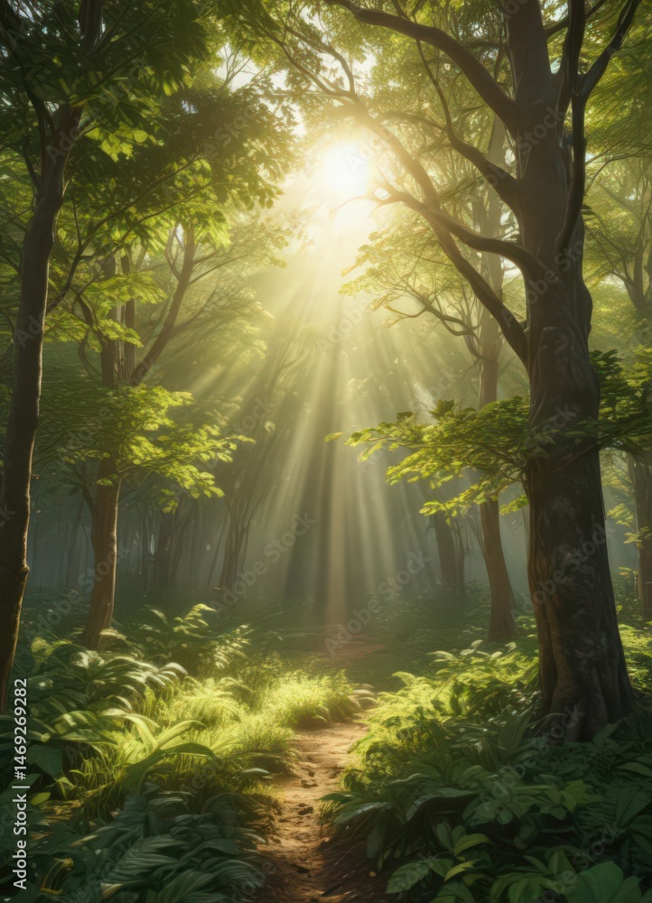 Fototapeta premium Golden sunbeams filter through lush green canopy, illuminating leaves , golden hour, sunlight