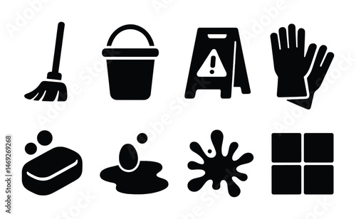 Cleaning and hygiene solid icons set – silhouette, tools, maintenance symbols