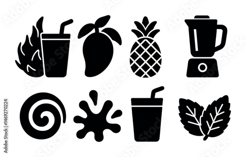 Fruit and beverage silhouette icons set – solid, filled, smoothie and drink symbols