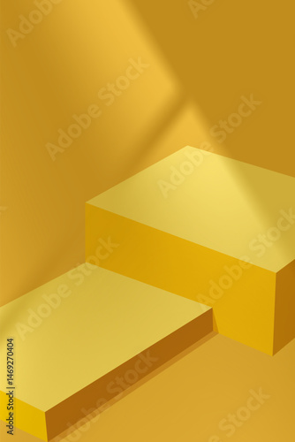 Studio background 3D steps cylinder pedestal podium with shadow, light overlay on wall yellow background.Abstract minimal scene mockup products display stage showcase.Vector geometric forms for Autumn