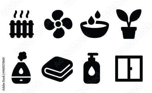 Home essentials silhouette icons set – household items, everyday tools design