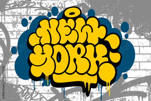 Graffiti throw-up text "NEW YORK" with bold, cool style on bubble and brick wall background. Urban street art vibe with dynamic strokes, perfect for hip-hop, edgy posters, and graffiti projects.

