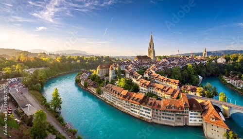 bern switzerland aerial cityscape aare river munster cathedral old town bridge