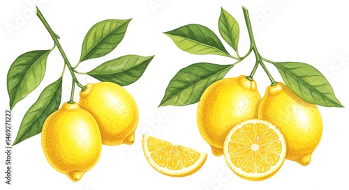 Wallpaper Mural Lemons with leaves and slices botanical illustration Torontodigital.ca