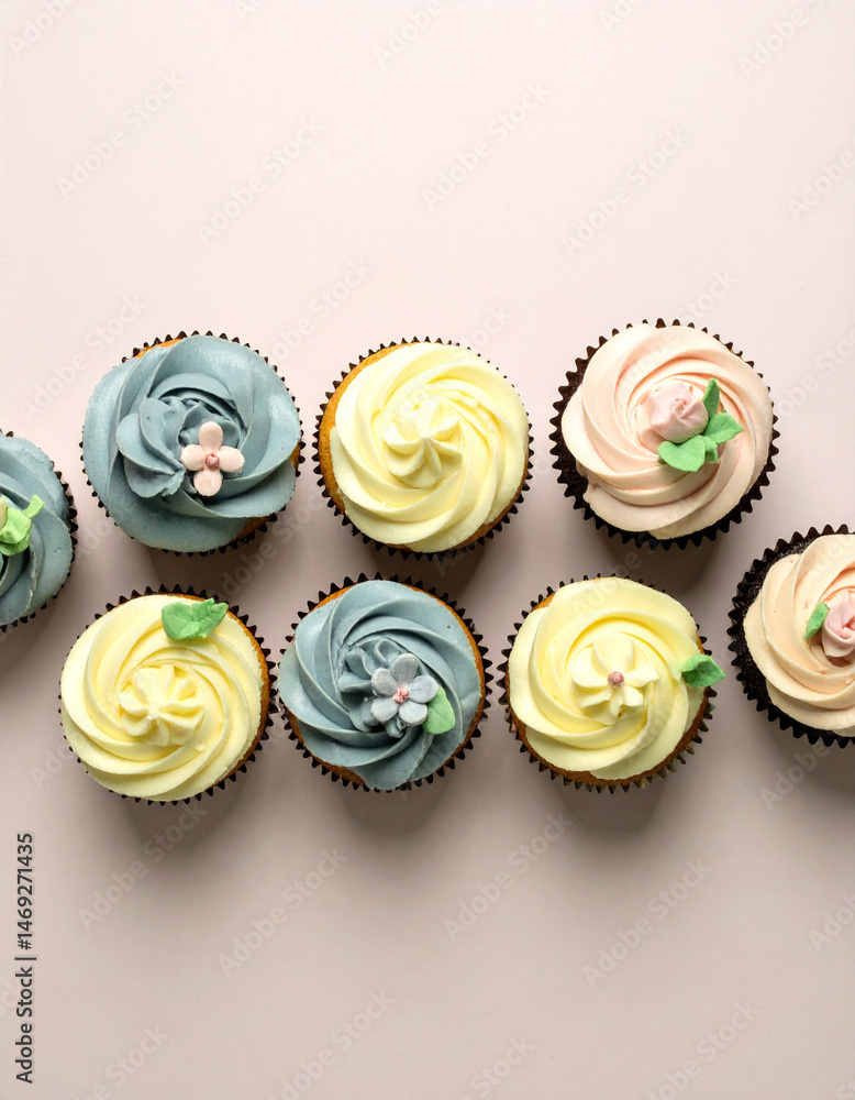 Flatlay of cupcakes on studio still life backgrounds Flatlay of cupcakes on studio still life backgrounds