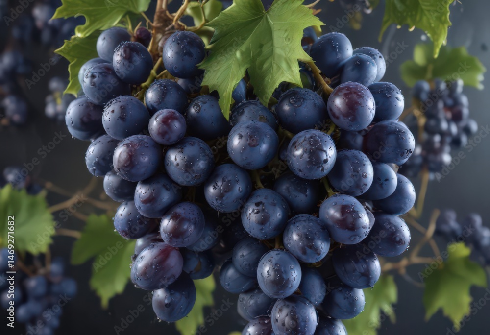 Fototapeta premium Luscious blue grapes, glistening wet, isolated , grapes background, single bunch, nature