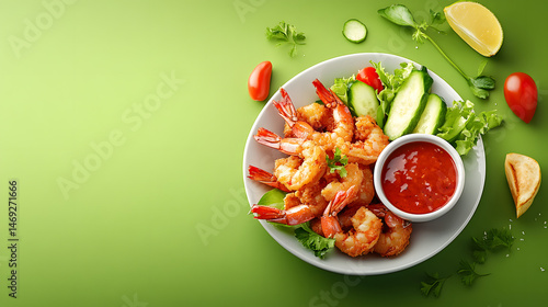 Overhead view of a plate of battered and fried shrimp with a vibrant dipping sauce, alongside fresh vegetables and herbs.  A vibrant green background complements the presentation.