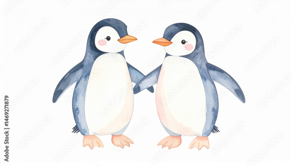 Naklejka premium Two Penguins Holding Hands - Adorable watercolor painting of two penguins holding hands, perfect for children's illustrations or winter-themed designs
