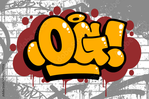 Graffiti throw-up text "OG" with bold, cool style on bubble and brick wall background. Urban street art vibe with dynamic lines, perfect for hip-hop, edgy designs, and graffiti projects.