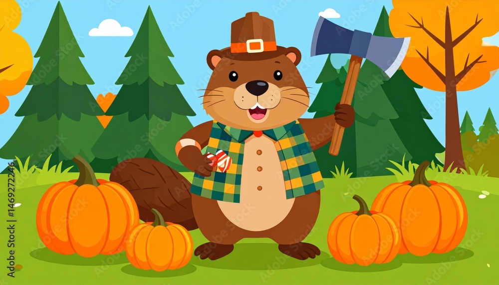 Fototapeta premium Adorable Beaver Lumberjack with Pumpkins - A charming cartoon beaver, dressed in a lumberjack costume, smiles cheerfully amidst autumn pumpkins. It symbolizes harvest, autumn joy, woodland charm