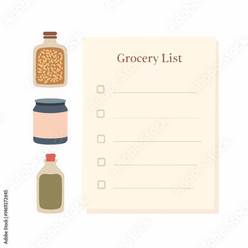 Grocery List with Pantry Staple Icons and Checkboxes for Meal Planning, Recipe Organization, Shopping Tips, and Kitchen Management