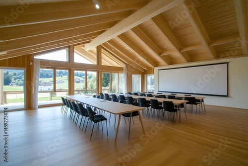 Spacious modern meeting room with large windows overlooking a landscape