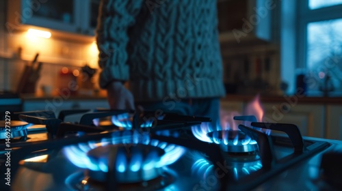 Bright blue flames from gas burners illuminate a cozy kitchen in the evening. Cooking with Gas During Cold Season