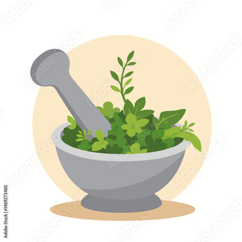 Mortar and Pestle with Fresh Herbs in Flat Design Style for Culinary Blogs, Healthy Living Websites, Recipe Cards, and Natural Medicine Education